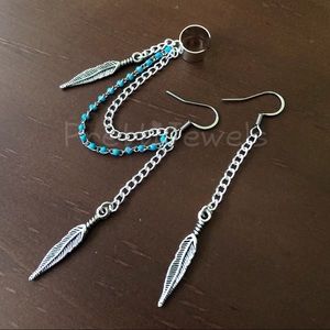 New Turquoise Feather Chain Ear Cuff Earrings